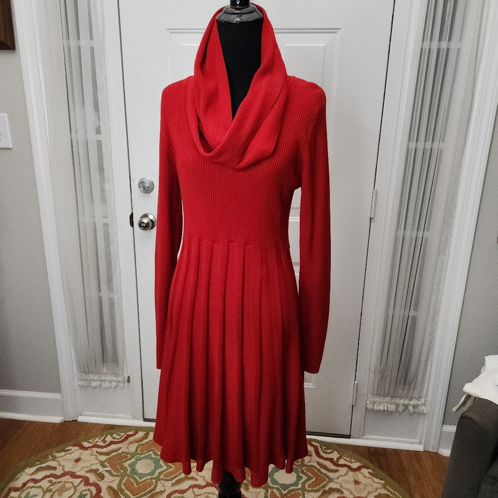 Dana Buchman Red Long Sleeve Dress w/ Matching Removable Infinity Scarf Size Med